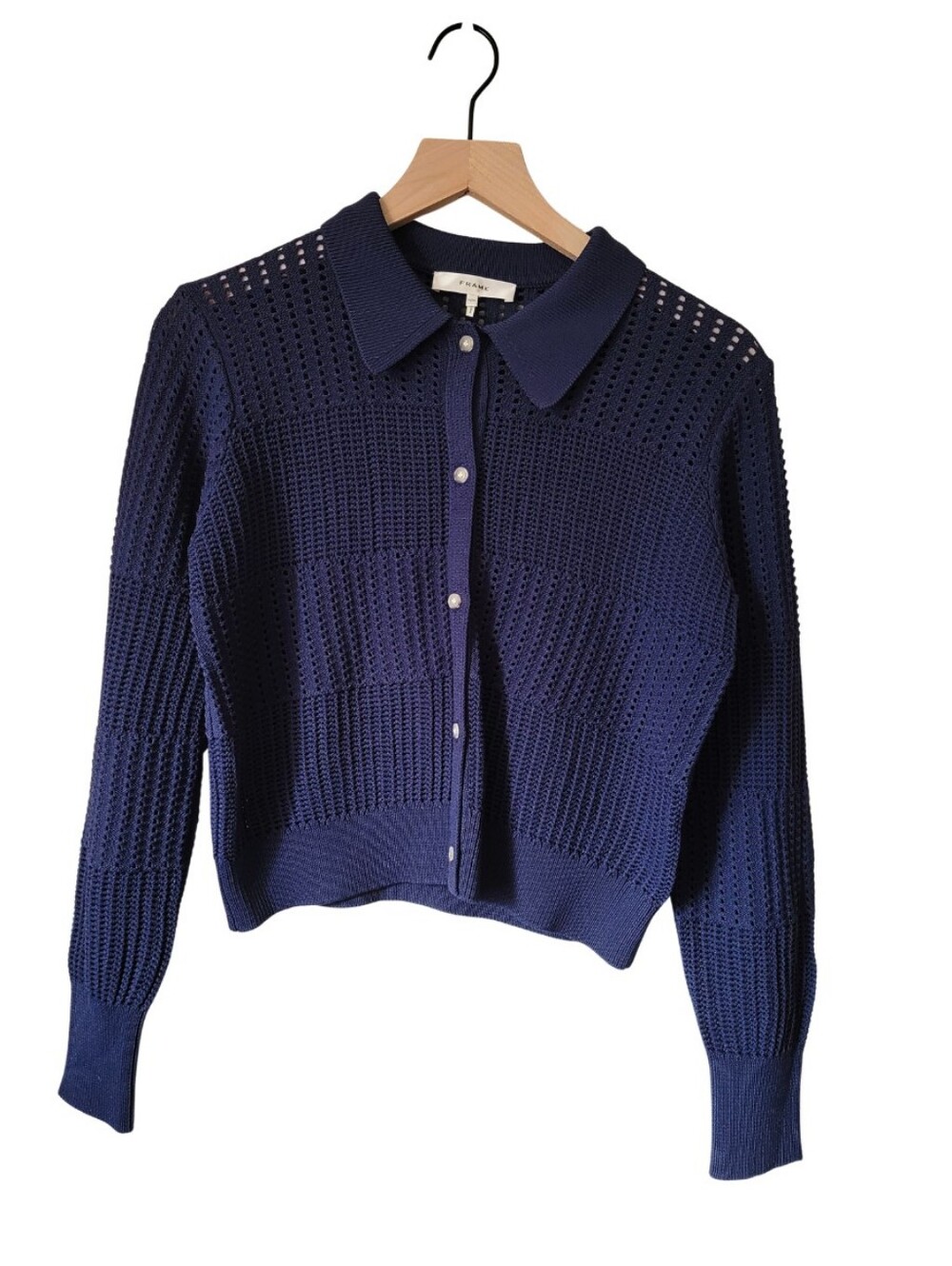 Frame Denim The Shrunken Crochet Cardigan Navy Womens M NWOT
